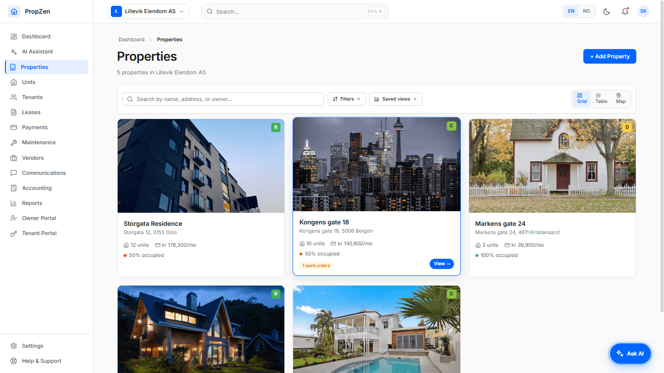 PropZen Properties dashboard — Norwegian rental properties with occupancy rates, monthly rent in NOK, and work order indicators