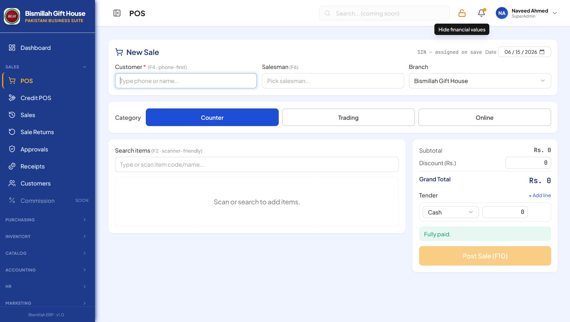 SAFZ CounterPilot POS — Point of Sale screen